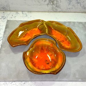 California Pottery MCM Vintage Orange Brown Glaze Chips/Dip Serving Set EUC